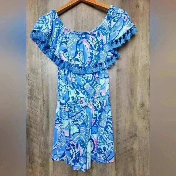 Lilly Pulitzer La Fortuna Blue Peri Pinch Romper Womens Off The Shoulder Sz 2XS - Picture 5 of 11